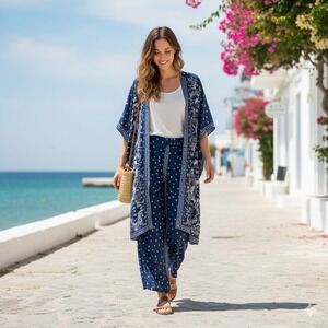 Max Studio London Navy Floral Boho Kimono & Wide Leg Pants Set Women's L  NWT